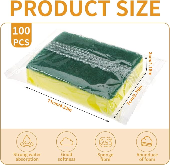 100 Pack Individually Wrapped Sponges Uncompressed for Household Cleaning Kitchen Dishwashing Non Scratch Scrouing Sponge Bulk for Hotel Car Airbnb Apartments,Green