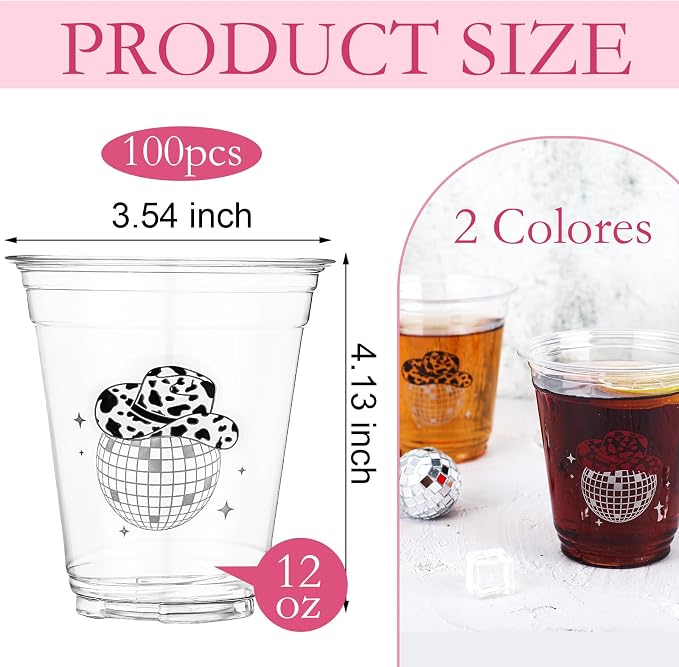 Sliner 100 Pcs Black and Pink Disco Cowgirl Plastic Cups Bachelorette Party Decorations 12 oz Disposable Clear Disco Ball Cups for Bachelorette Birthday Wedding 70s 80s 90s Party