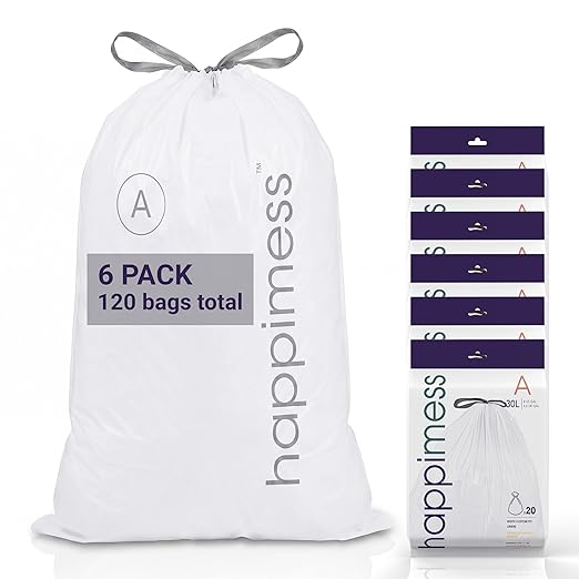 happimess 8 Gallon (30L) Drawstring Trash Bags, Unscented, White, Heavy Duty LDPE Liners for Kitchen and Household, Custom Fit 120 Count (6 Packs of 20 Liners) HPM3000A-W-6SET