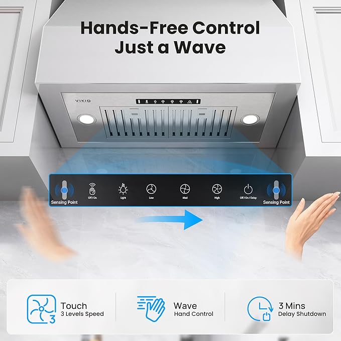 VIKIO HOME Built-in/Insert Range Hood 36 Inch, 980 CFM Hood Vent for Kitchen, Ducted/Ductless Convertible Duct, Stainless Steel Kitchen Vent Hood with Gesture & Touch Control, 3 Baffle Filters