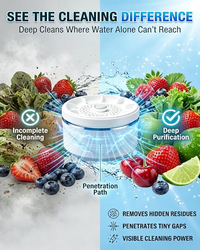 Fruit and Vegetable Cleaner Produce Wash Washer Veggie Spinner Device Natural Portable Kitchen Essentials Home Berry Grape Cleaning Gadget Tool Equipment for Fresh Seed Food Purifier