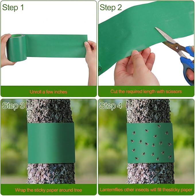 4 Rolls 260ft Lantern Fly Tree Tape Outdoor Adhesive Crawling Insect Trap Sticky Traps Sticky Barrier Protecting Trees Outdoor Indoor Fruit Tree Lawn Garden Control Aphids Ant Moth (Green)