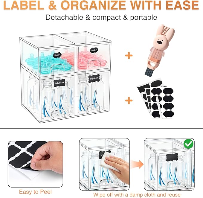 TOOGE Stackable Baby Bottle Organizer: Acrylic Bottle Organizer Baby Storage Drawers Clear Bottle Station Organization for Countertop Cabinet Vanity with 4 in 1 Cup Lid Cleaning Brush & Label - Tall