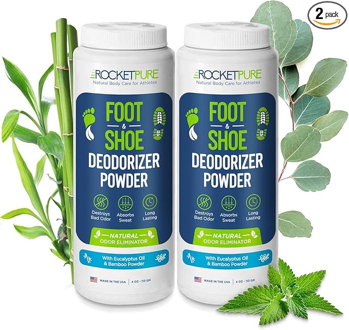 Rocket Pure Natural Foot and Shoe Deodorizer Powder, Deodorant and Odor Eliminator for Men and Women, Smell Remover, Formulated with Essential Oils, Made in the USA, Eucalyptus, 4 oz, (Pack of 2)
