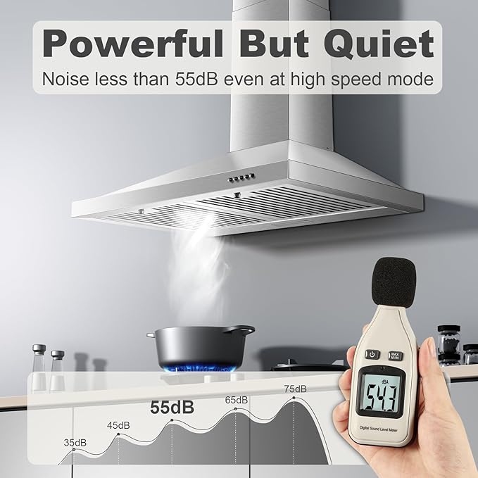 Range Hood 30 inch, Wall Mount Range Hood Ducted/Ductless, Kitchen Hood in Stainless Steel, Vent Hood with Baffle Filters, 3 Speed Fan, Push Button Control, Energy-Saving LED Light