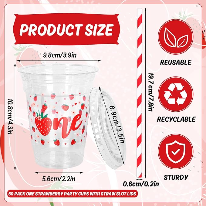 Whaline 50Pcs Strawberry Disposable Plastic Cups with Lids and Straws 12 Oz Sweet One Berry Cold Beverage Drinking Cups for First Birthday Summer Fruit Party