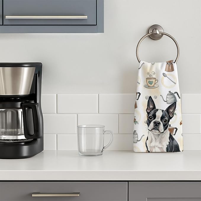 Caroline's Treasures Boston Terrier Coffee Bar Kitchen Towel Velour Plush Front and Cotton Loop Back Machine Washable