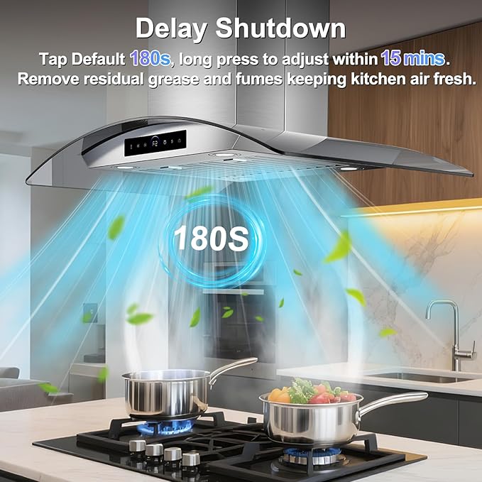 36 inch Island Range Hood 1200 CFM with 4-Speed Gesture Sensing & Touch Control, Ducted/Ductless Stainless Steel Ceiling Mount Kitchen Stove Vent Hoods with 4 LED Lights, Timer,Dishwasher-Safe Filters