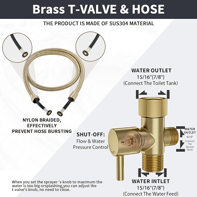Brushed Gold Handheld Bidet Sprayer for Toilet, Stainless Steel Cloth Diaper Sprayer Kit with Solid Brass T-Valve, Adjustable Water Pressure Bidet Attachment