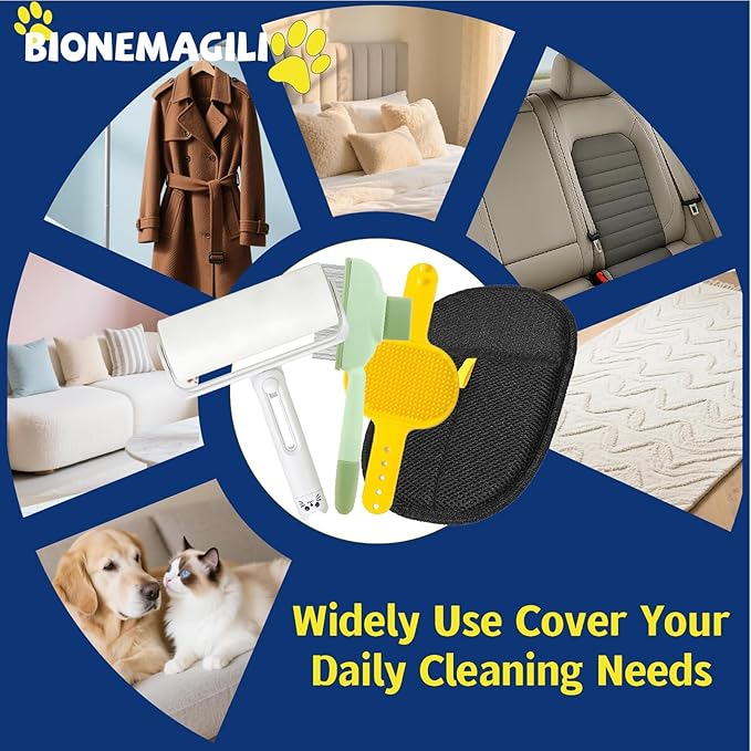 New BIONEMAGILI 4-in-1 Pet Hair Removal Kit - Refillable Lint Roller + Self-Cleaning Deshedding Comb + Electrostatic Glove + Soft Rubber Bath Brush, Multi-Surface Hair Remover for Cats/Dogs/Blue