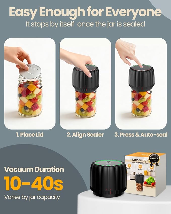 Upgraded Electric Mason Jar Vacuum Sealer Kits for Wide Regular Mouth Jars | -80kPa Vacuum Sealers Auto Canning Sealing Machine with 2500mAh Battery and 10 Lids for Food Storage Reducing Waste - RACAZL
