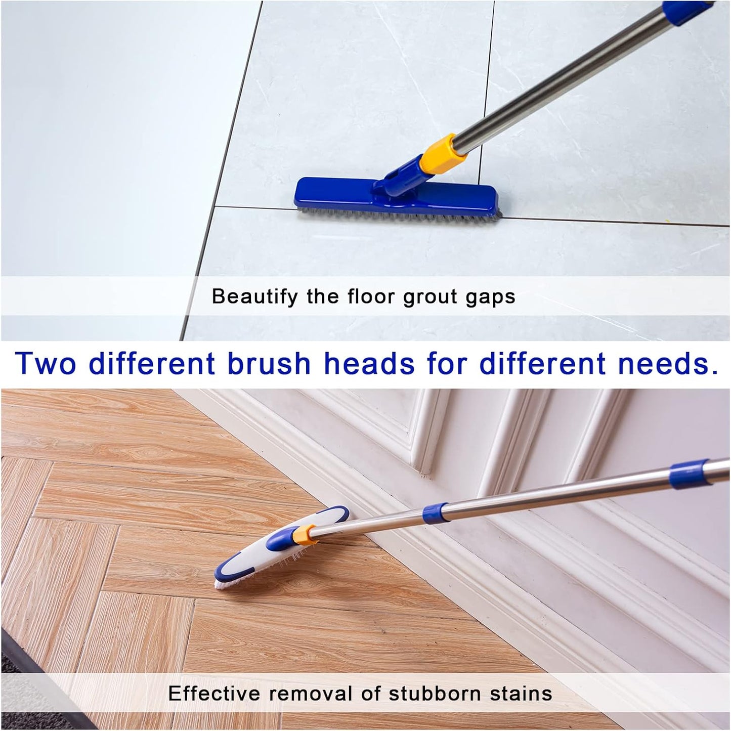 ITTAR Grout & Scrub Brush Combo, Floor Scrubber with Long Handle, Multi-Purpose Stiff Bristles Cleaning Brush Set for Tile, Grout, Deck, Kitchen, Shower Floor (2 Pcs)