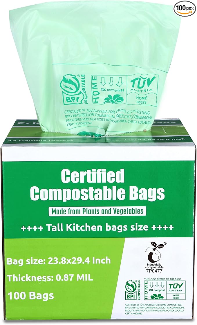 Primode Compostable Bags 13 Gallon, Tall Kitchen Trash Bags, 100 Count, Extra Thick 0.87 Mil. ASTMD6400 Food Scrap Yard Waste Compost Bags, Certified by BPI and TÜV AUSTRIA