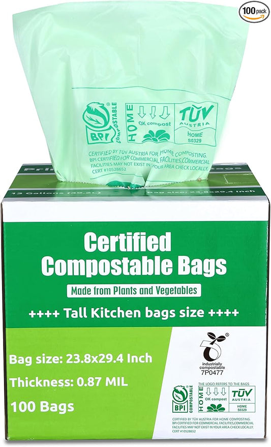 Primode Compostable Bags 13 Gallon, Tall Kitchen Trash Bags, 100 Count, Extra Thick 0.87 Mil. ASTMD6400 Food Scrap Yard Waste Compost Bags, Certified by BPI and TÜV AUSTRIA