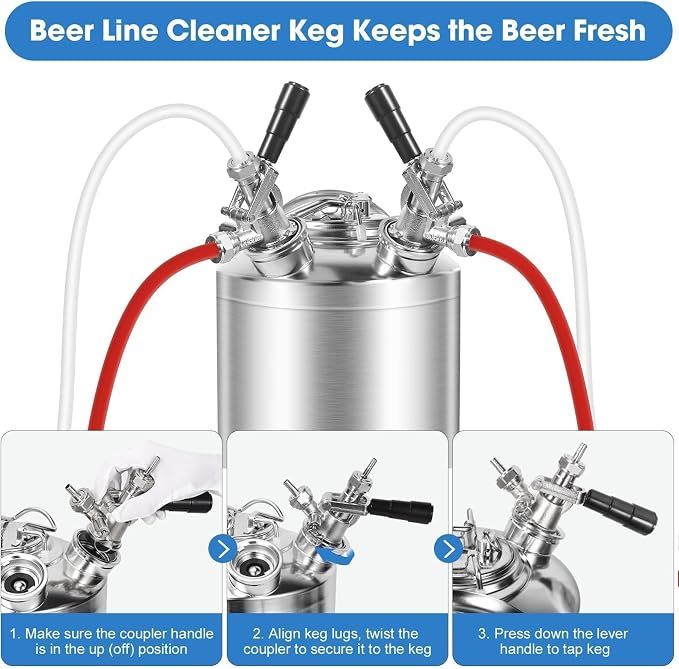 2.5 Gallon Kegerator Cleaning Kit, 304 Stainless Steel Beer Line Cleaning Kit with 2 D Coupler Keg Cleaning Kit Beer Line Cleaner with Ergonomic Carry Handle Pressure Release Valve Lid