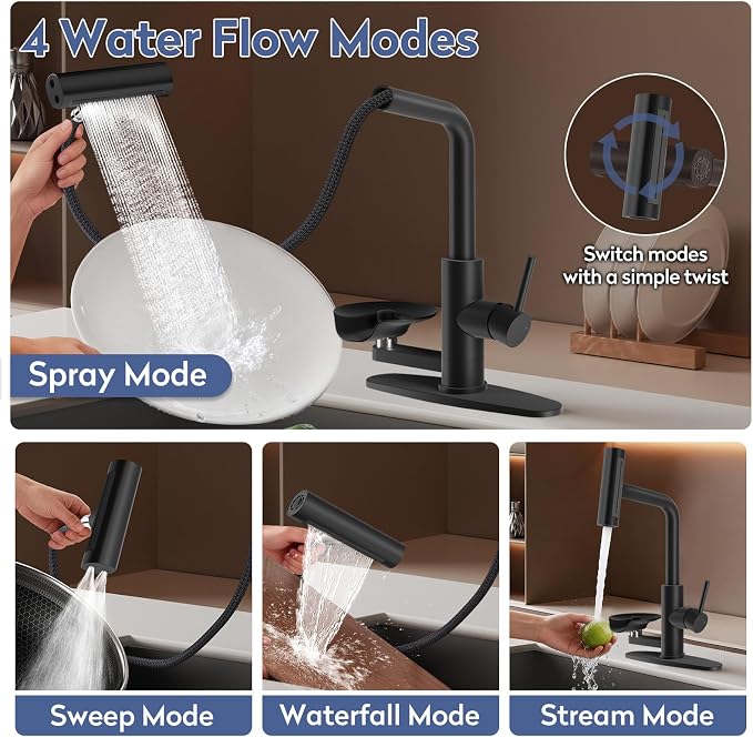 SINGSUO Pull Down Kitchen Faucet with Glass Rinser, 4 Spray Modes Kitchen Faucets with Pull Out Sprayer & Cup Washer, High Pressure Single Handle Bar Sink Faucet 1 or 3 Hole