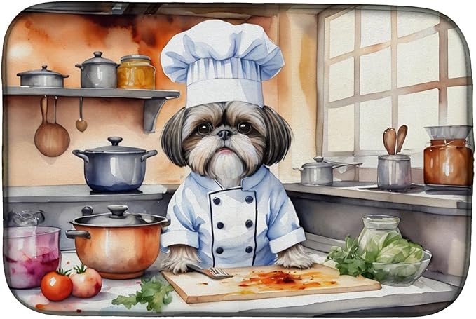 Caroline's Treasures DAC6327DDM Shih Tzu The Chef Dish Drying Mat Absorbent Dish Drying Mat Pad for Kitchen Counter Dish Drainer Mat for Countertop, 14 x 21", Multicolor