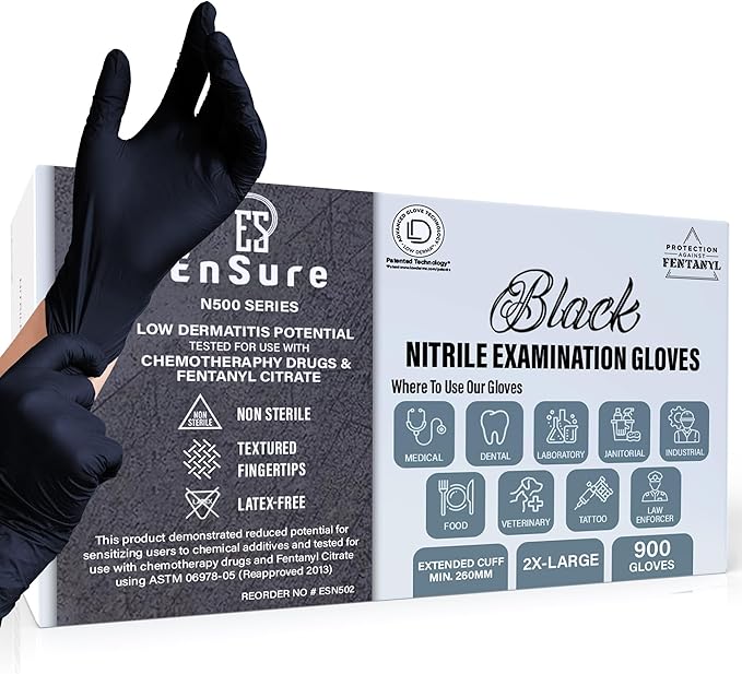 Ensure Black Nitrile Gloves – 5 Mil Heavy-Duty Disposable Gloves, Low Dermatitis, Powder & Latex Free, Chemo-Rated