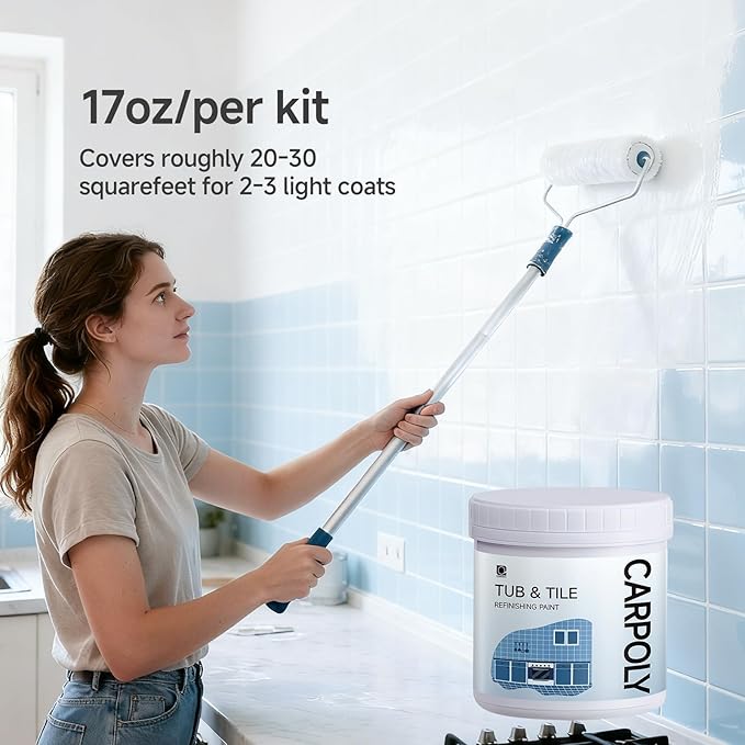 Tub and Tile Refinishing Kit, 17oz White Tile Paint with Tools, Water Based & Low Odor, DIY Bathtub Paint, Easy to Use for Bathroom, Kitchen, Floor,20-30sq.ft(White)