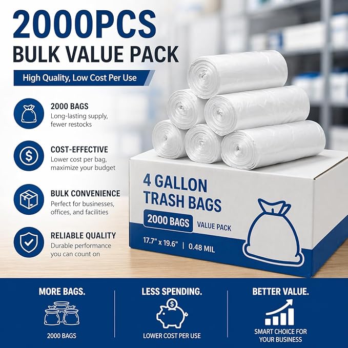 Delxo 4 Gallon Small Trash Bags, 2000 Count Bulk, 17.7 x 19.6" Clear Unscented Bathroom Trash Bags, 0.48 Mil Thick, Tear-Resistant Small Garbage Bags for Office, Commercial Use & Bathroom