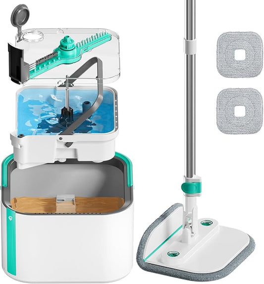 Upgraded Spin Mop and Bucket System Set, Self Separate Clean and Dirty Water, Foldable Square Standing Mop Head with Microfiber Mop Pads, Detachable Bucket (White+Blue, Mop Set with 2PC Pads)