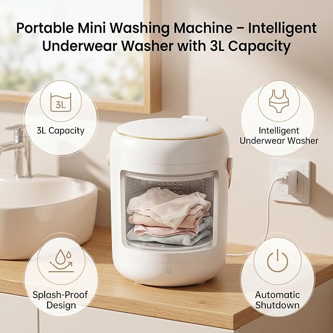 Portable Mini Washing Machine, Compact 3L Ultrasonic Turbine Washer with Auto Shut Off Gravity Drain Cover for Apartment RV ABS White 8.5 x 6.1 in