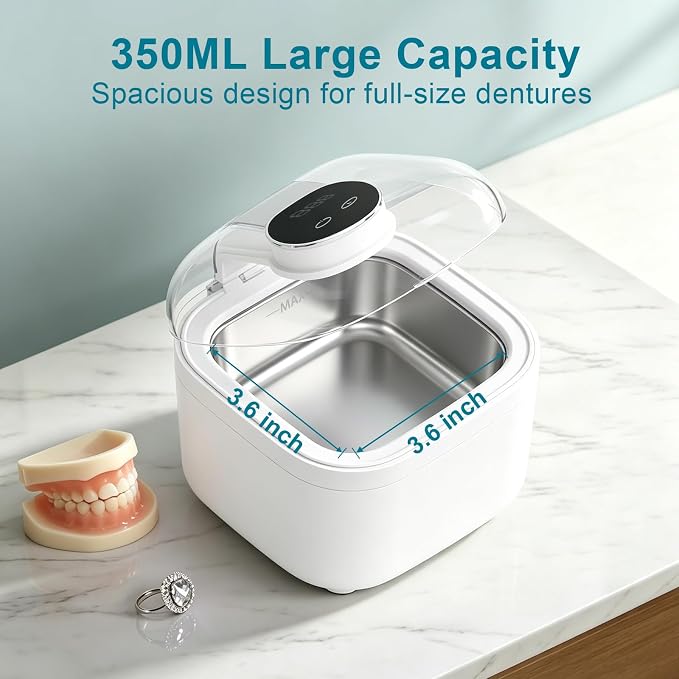 Ultrasonic Retainer Cleaner Machine for Dentures, 350ml Denture Cleaner with Wide Opening Tank for Clear Aligners, Mouth Guards & Dental Appliances, Removes Stains & Buildup, 5 Cleaning Modes