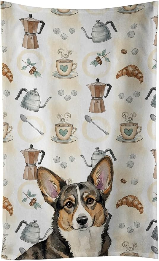 Caroline's Treasures Brindle Cardigan Welsh Corgi Coffee Bar Kitchen Towel Velour Plush Front and Cotton Loop Back Machine Washable