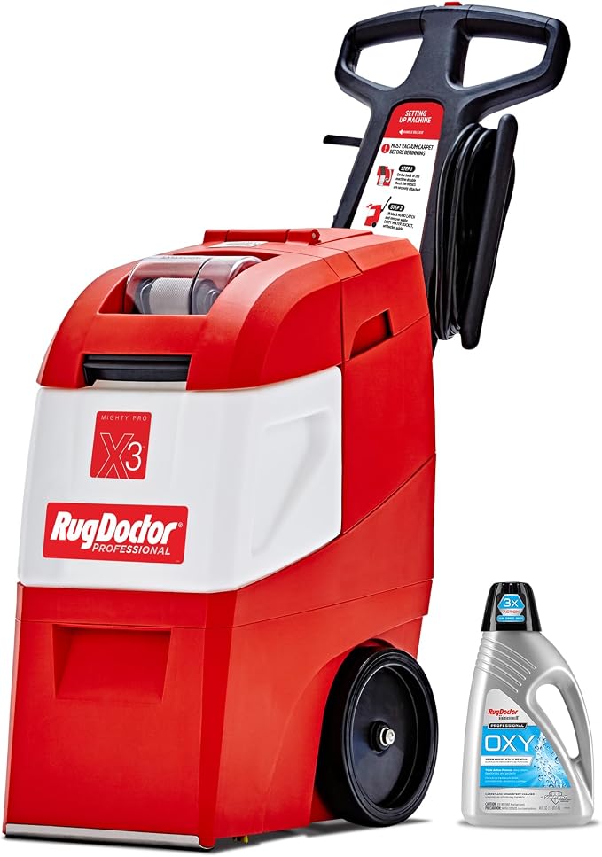 Rug Doctor Mighty Pro X3 Commercial Carpet Cleaner with Oxy Cleaner Pack | Includes 48 oz. Oxy Carpet Cleaning Solution Removes Wine, Mud, Vomit, and other Tough Stains.