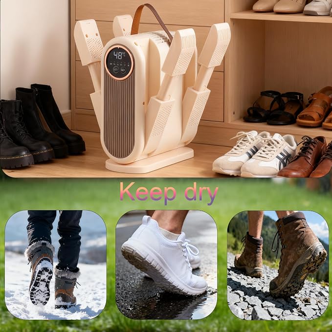 Portable Boot Dryer Folds for easy storage Constant-temperature dehumidification Features aromatherapy deodorization 360-minute timer 4 boot heaters Suitable for work boots ski boots sneakers socks