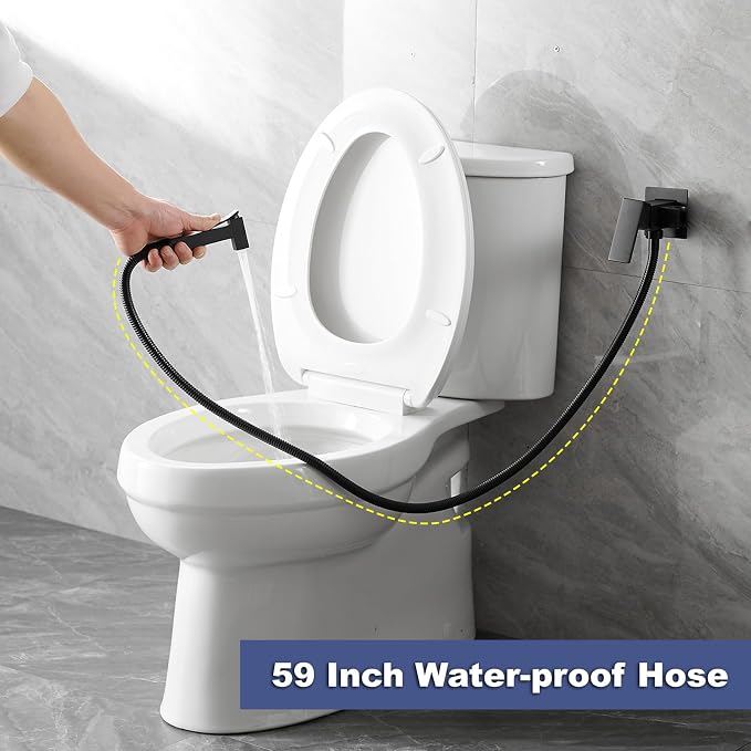 Warm Water Bidet Sprayer Faucet for Toilet with Hot and Cold Brass Valve, Stainless Steel Square Handheld Bidet Attachment Set, Wall Mounted, Matte Black