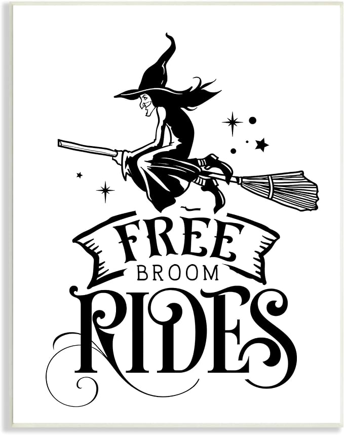 'Free Broom Rides Typography Magical Witch'| Wall Plaque Art | Stupell Industries | 10 x 15 Inches, Easy to Hang and Sturdy, Made in USA, by Lettered and Lined