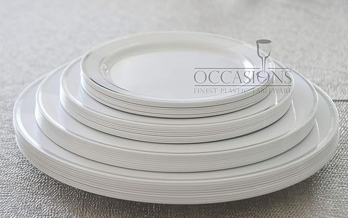 " OCCASIONS " 40 Plates Pack, Heavyweight Disposable Wedding Party Plastic Plates (10.5'' Dinner Plate, White & Silver Rim)