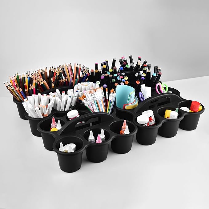 ALINK 6 Pack Classroom Caddy Storage Basket with Handle, Plastic Drink Cup Caddy Holder, 6 Compartments for Kids, Table, Office, Arts, Crafts, Crayon, Marker, Pencil, School Supplies - Black