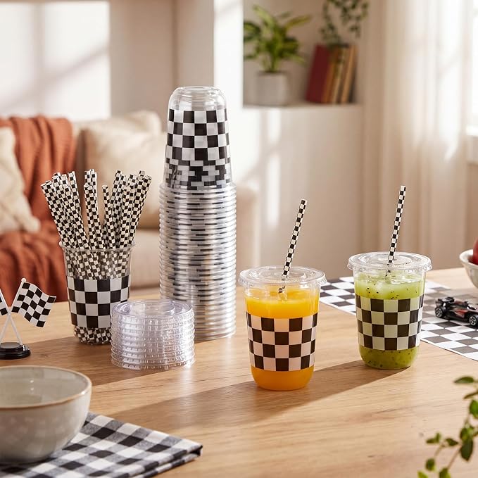 LemonRoad 50sets 16oz Checkered Cups Race Car Birthday Party Decorations Supplies Plastic Cups Disposable with Lids and Straws for Racing Themed Party Christmas Birthday Wedding Baby Shower Decoration