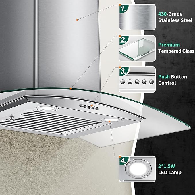 Range Hood 30 Inch, Tieasy Wall Mount Kitchen Hood with Ducted/Ductless Convertible Duct, Stainless Steel Chimney and Baffle Filter, 3-Speed Push Button, LED Lights