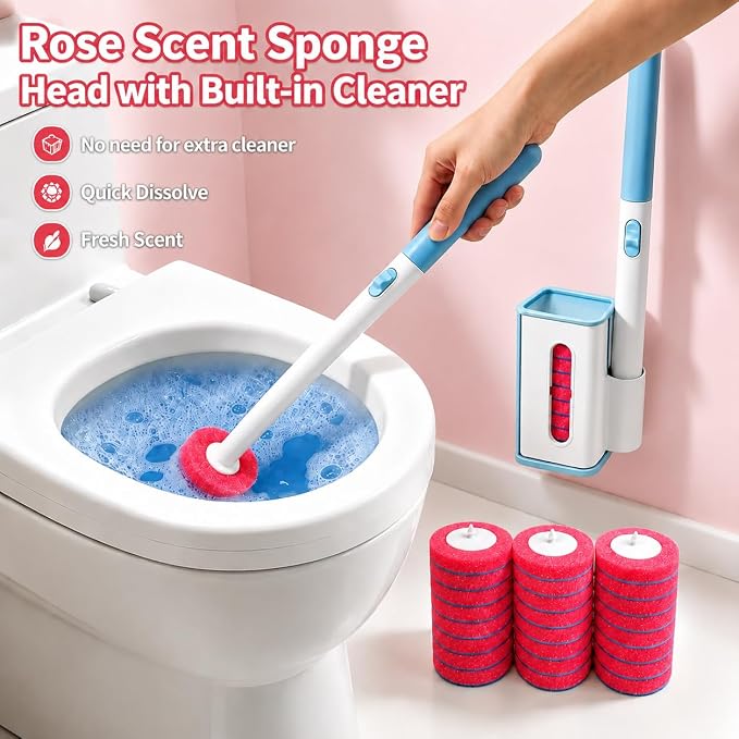 Disposable Toilet Brush with Wall Mounted Holder, 24 Toilet Wand Refills | Hands Free Toilet Brush with One-Button Release, Bathroom Cleaning Set for RV & Small Bathroom, Light Rose Scent
