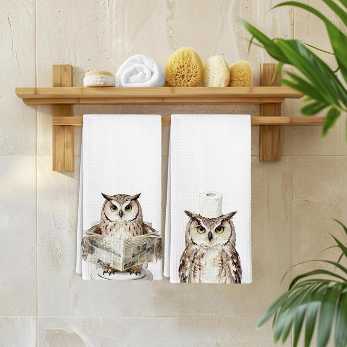Funny Owl Hand Towels for Bathroom Washroom, Owl Lovers Gifts Dish Tea Towels for Kitchen Cabin Lodge Nursery Decor, Cute Wild Animal Bird Owls Decorative Hand Towels Set of 2, 16x24 Inch
