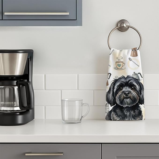 Caroline's Treasures Black Lhasa Apso Coffee Bar Kitchen Towel Velour Plush Front and Cotton Loop Back Machine Washable