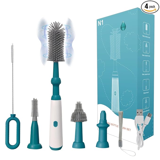 Electric Bottle Brush Set with Electric Bottle Brush Cleaner, 3 Replaceable Baby Bottle Brushes and Extension Handle. Silicone Bottle Brush, Waterproof, Perfect Baby Essentials(Dark Green)