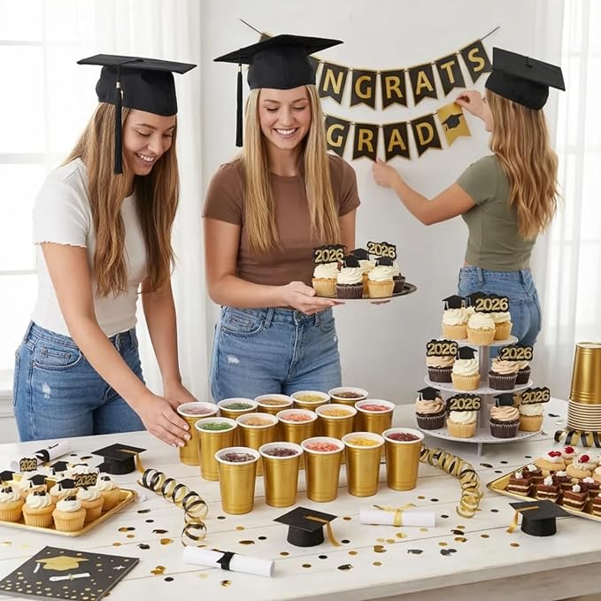 Sabary 100 Pack 12oz Plastic Cups Graduation Heavy Duty Drinking Disposable Cups with Lines for Beverage Wedding Holiday Camping Barbecues Birthday Party Outdoor Picnic(Gold)