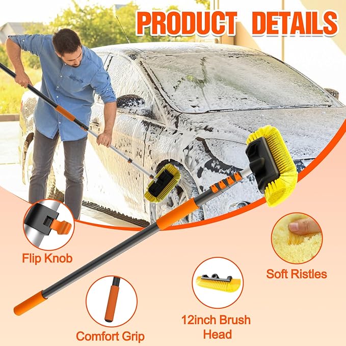 LAANPOLE 16FT Car Wash Brush with Long Handle, Car Cleaning Brush with 12 Inch Soft Bristle, Solar Panels Cleaner with Telescoping Pole for RV, Truck, Boat, House Siding
