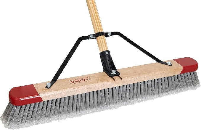 Harper 24 Inch Indoor Push Broom, Premium Heavy Duty Smooth-Surface Floor Cleaning with Flagged Bristles, Home and Garage Sweeping, Gray