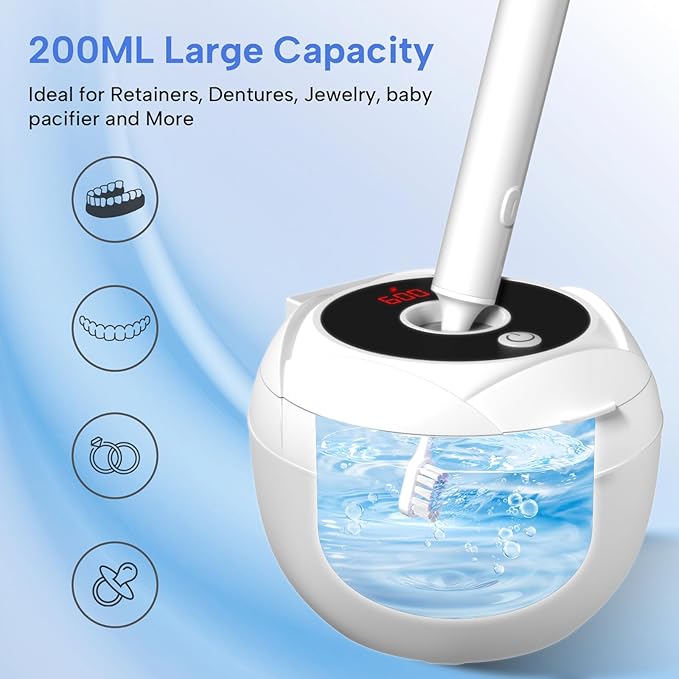 Ultrasonic Retainer Cleaner-45kHz Retainer Cleaner Machine,4 Modes Ultrasonic Cleaner for Dentures, Aligners,Mouth Guards, Braces,Toothbrush,Jewelry-200ML Dental Pod(White)