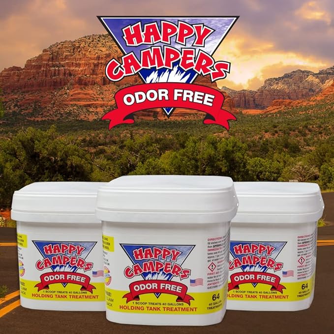 Happy Campers RV Toilet Treatment - Powerful Odor Control, Long-Lasting RV Tank Treatment - Prevents Clogs, Buildup, Sensor Failure - Keeps Holding Tank Clean & Healthy, Odor Free (64 Treatments)