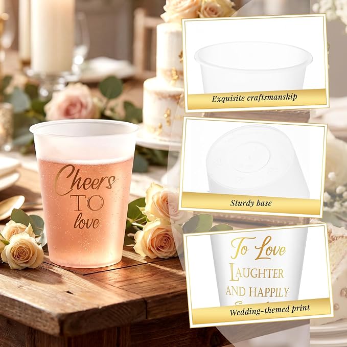 Yungyan 60 Pcs Wedding Frosted Plastic Cups Bulk 12 oz Clear Wedding Cups for Reception Disposable Cheer to Love Bridal Shower Bachelorette Party Supplies