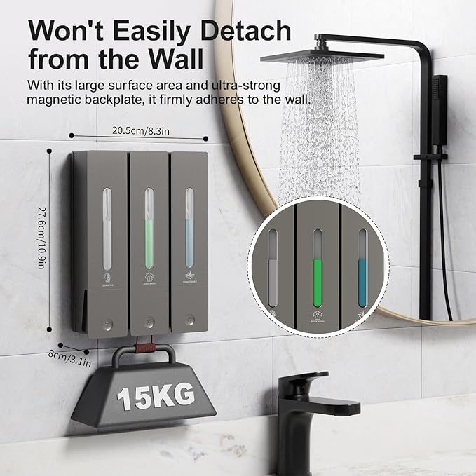 Shampoo and Conditioner Dispenser - Wall-Mounted 3-Chamber Shower Soap Dispenser, No-Drill, 1200ML Capacity, for Bathroom & Hotel
