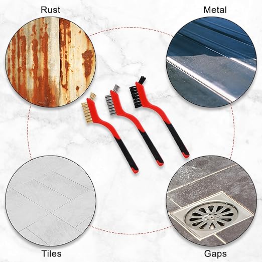 Reallnaive 50 Pcs Wire Brushes for Cleaning Rust 7 Inch Brass/Stainless Steel/Nylon Wire Brushes with Curved Handle Grip for Deep Cleaning Small Parts Rust Dirt Paint Scrubbing