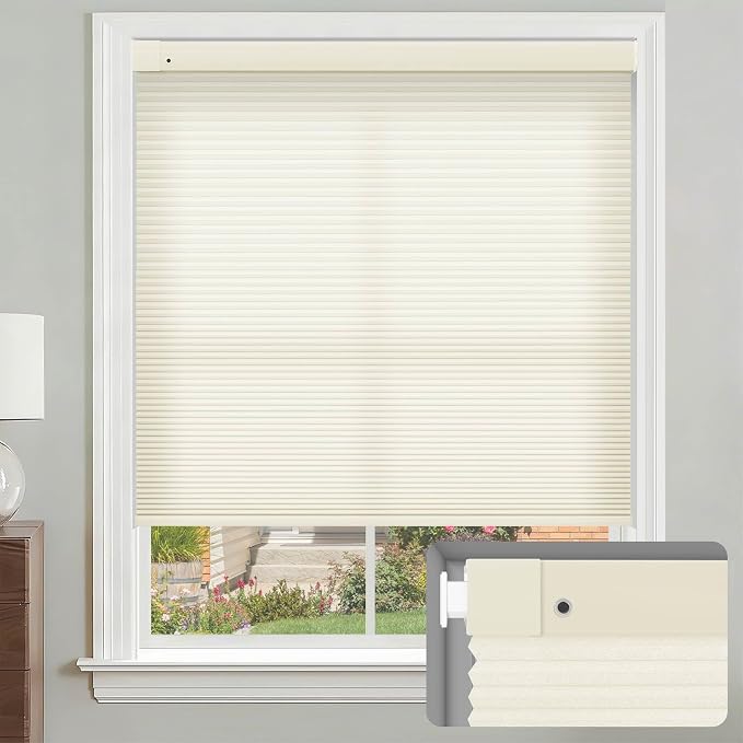 No Drill Cellular Shades, Cream Custom Size Cordless Light Filtering Pull Down Pleated Honeycomb Blind Thermal Insulated Easy Install for Indoor Window Bedroom Living Room Kitchen Door