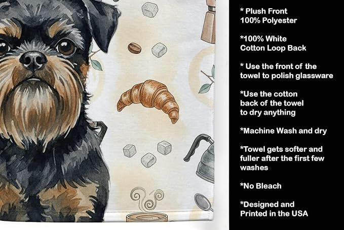 Caroline's Treasures Black and Tan Brussels Griffon Coffee Bar Kitchen Towel Velour Plush Front and Cotton Loop Back Machine Washable